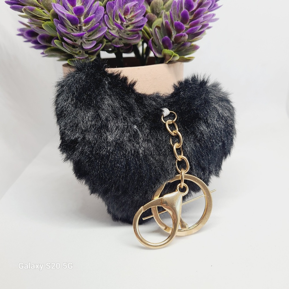 Black Furry Heart Keychain Charm Gold Tone Clasp Bag Purse Accessory NEW